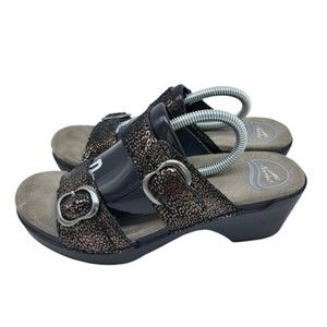 Dansko Womens Size EUR 37 Slip On Sandals Metallic Cheetah Print Black Leather